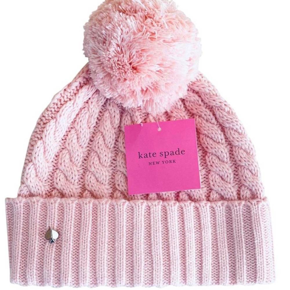 Kate Spade Rose Cable Knit Pom Pom Pink Beanie/Os/Nwt Hat